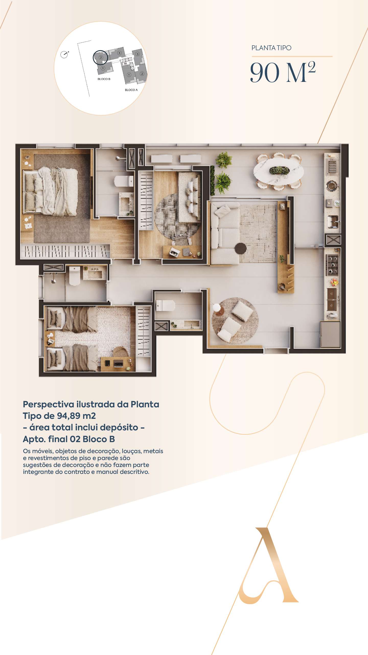 Planta de 90 m² do Bloco B — Apartamento 02 do Amáz Alphaville