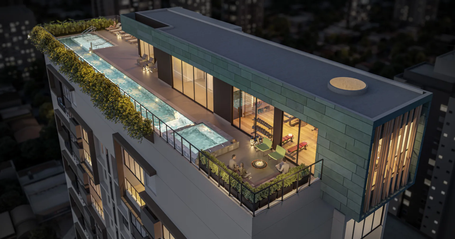 Perspectiva ilustrativa da piscina de 25 metros no rooftop do Artur 73, com deck, espreguiçadeiras e vista aberta sobre os telhados de Pinheiros e dos Jardins