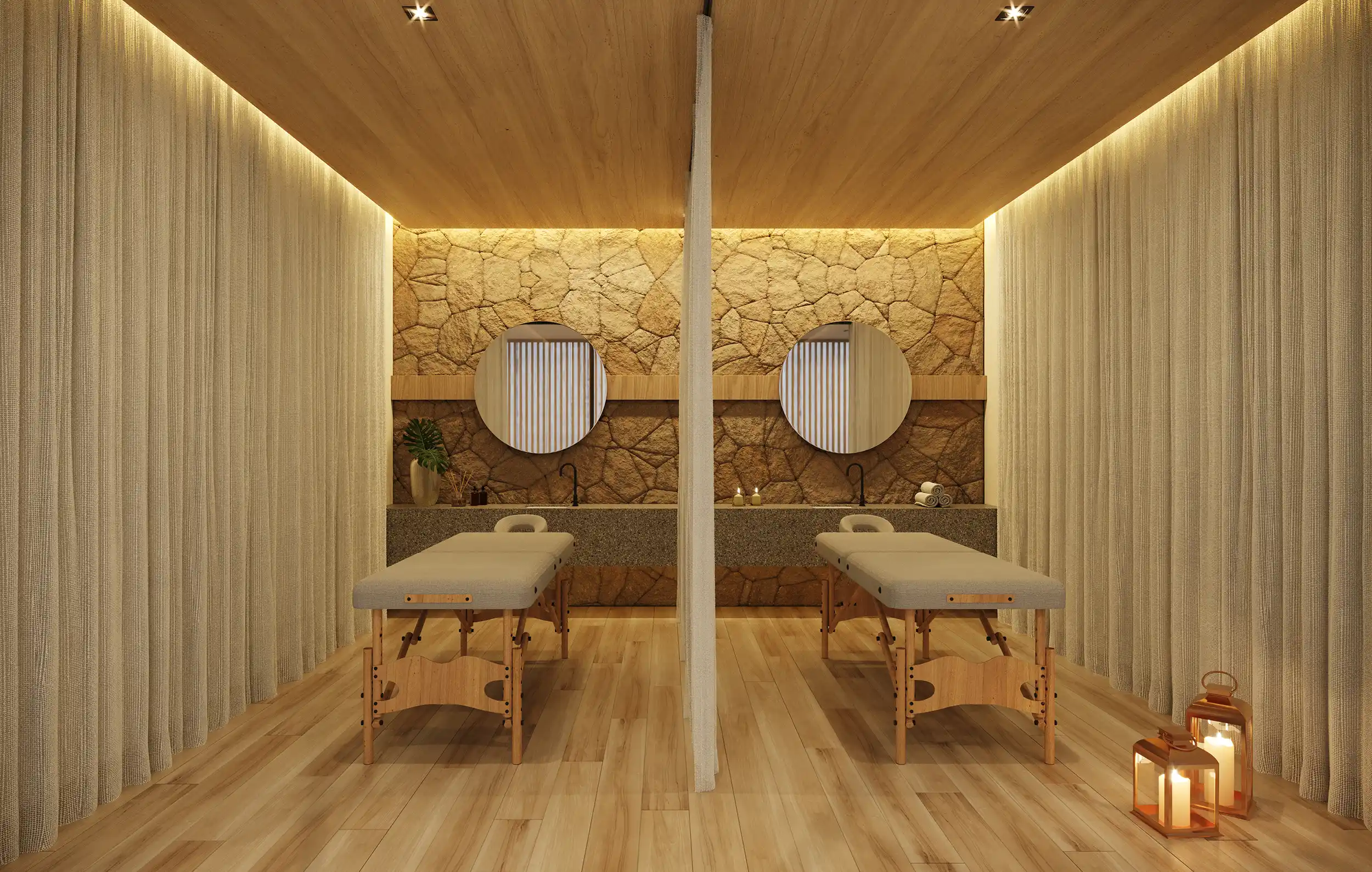 Sala de massagem do MAC Pinheiros, ambiente reservado com maca, iluminação suave e acabamento em madeira
