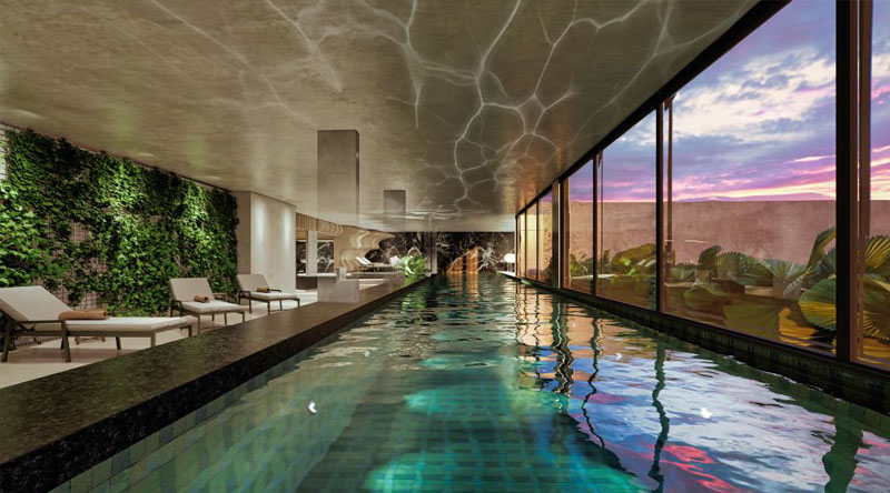 Perspectiva ilustrativa da piscina coberta do Edge Pinheiros, empreendimento da One DI em Pinheiros