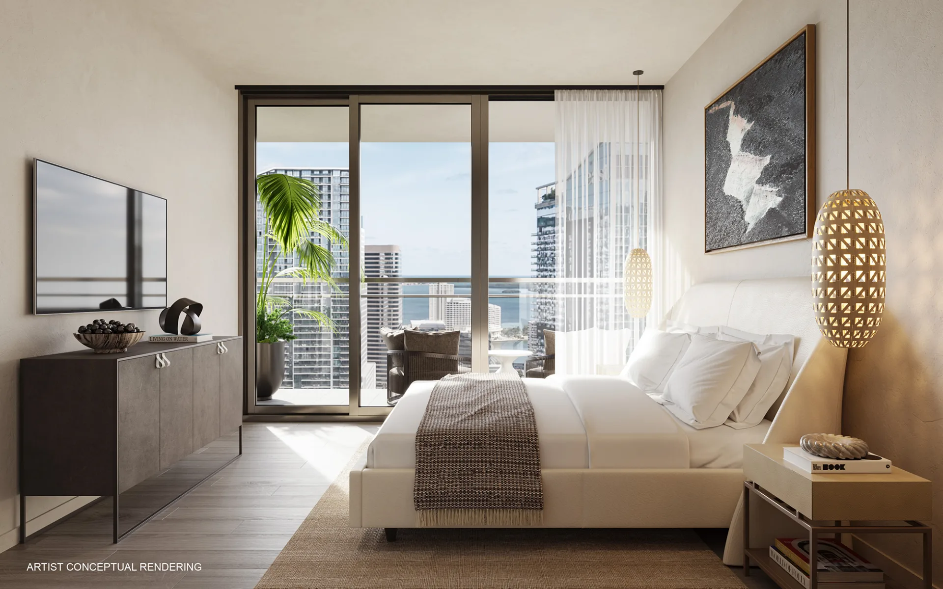 Penthouse bedroom at LOFTY Brickell with Artefacto furniture package