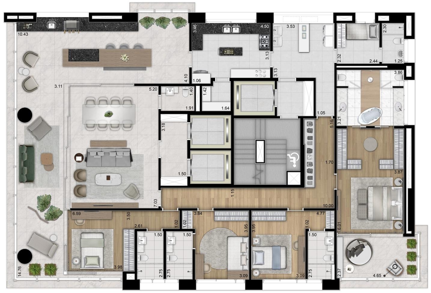 Planta de apartamento do Casa Leopoldo com quatro suítes e living integrado ao terraço