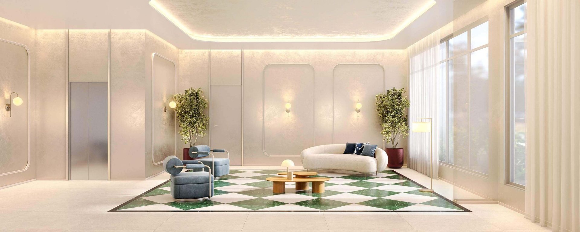 Lobby do Wellness Chácara Santo Antônio com pé-direito alto, poltronas de estar, madeira e jardim interno visto pelas vidraças