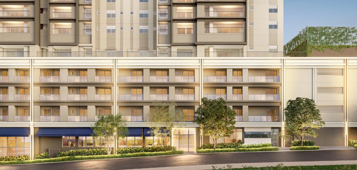 Imagem de destaque do Wellness Chácara Santo Antônio, lançamento Living na Zona Sul de São Paulo, com a torre residencial e o piso de lazer iluminados ao entardecer