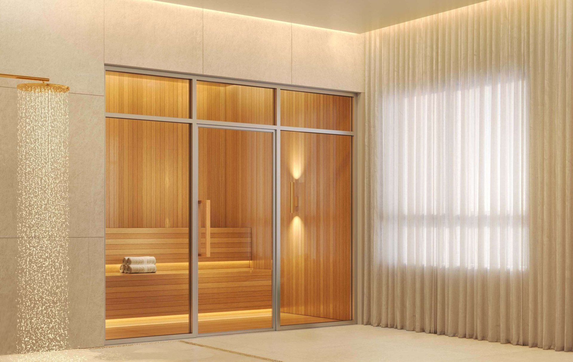 Sauna do Wellness Chácara Santo Antônio revestida em madeira clara, com bancos em dois níveis e iluminação indireta