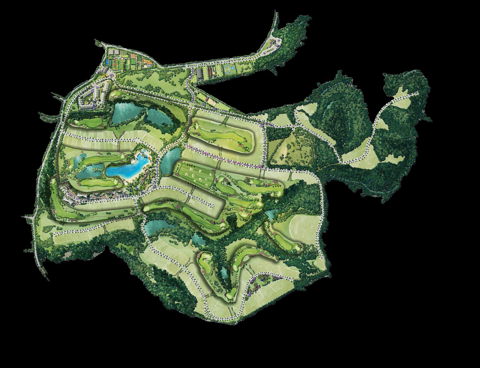 Masterplan colorido do Heritage Riviera Porto Feliz mostrando lotes, lagoa, golfe e áreas verdes