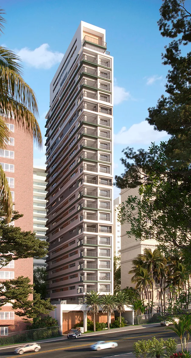 Perspectiva ilustrativa da torre 100% residencial do Blend 468, empreendimento da Sequóia Properties nos Jardins, em São Paulo, com 23 pavimentos e fachada contemporânea