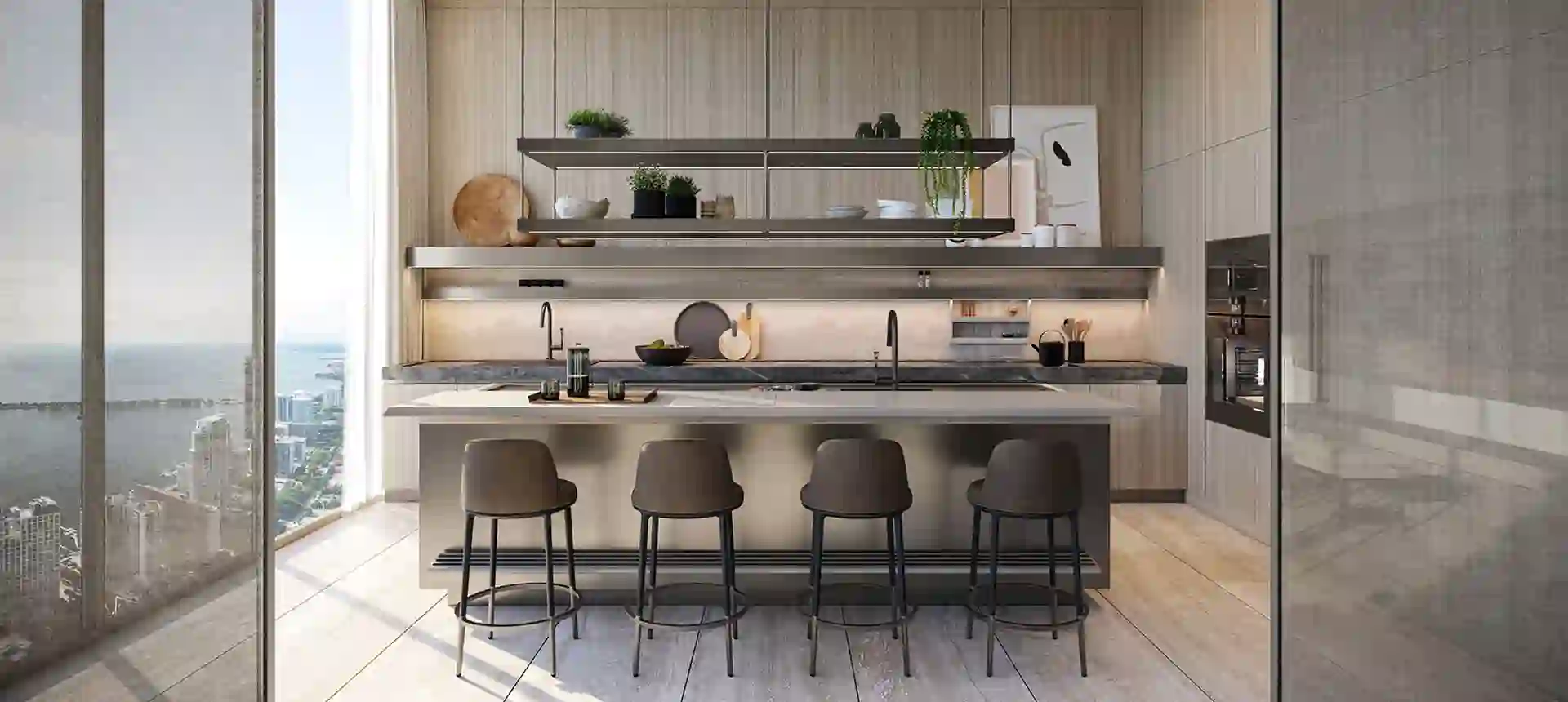 Kitchen of a residence at 1428 Brickell with natural materials and bay views
