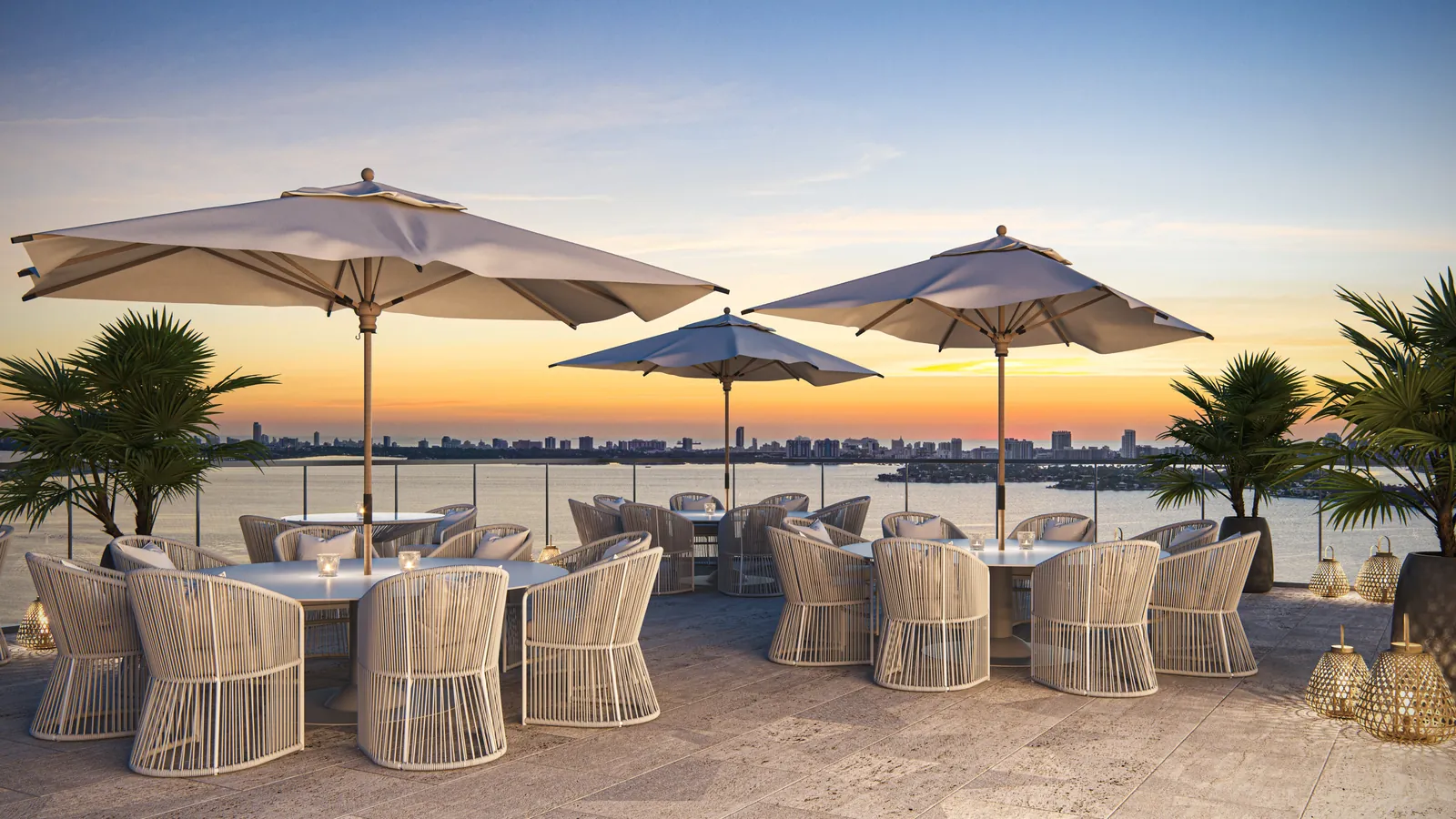 Outdoor bayfront dining area overlooking Biscayne Bay at Aria Reserve Miami