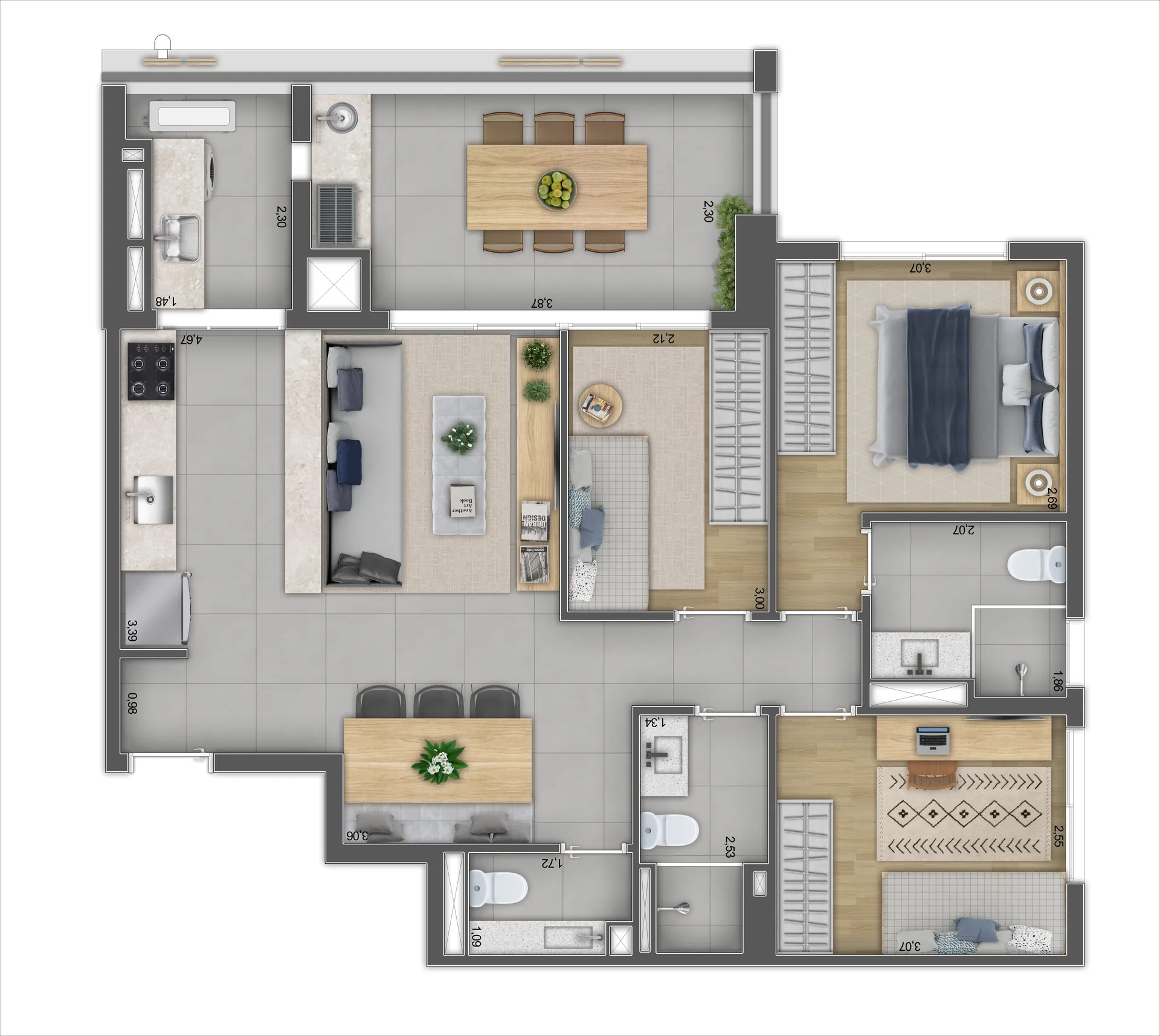 Planta do apartamento de 85 m² do 737 Pedroso, com 3 dormitórios, 1 suíte e terraço gourmet
