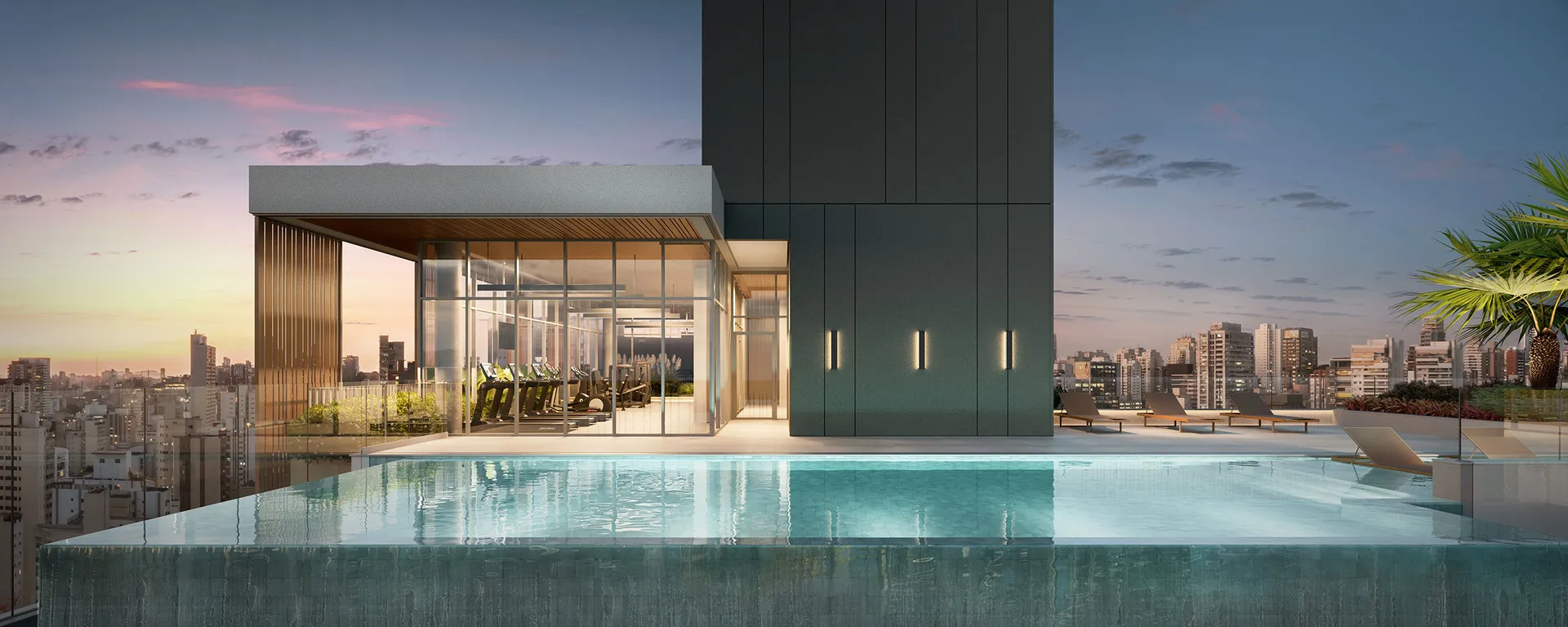 Perspectiva ilustrativa da piscina climatizada com borda infinita no rooftop exclusivo residencial do Platz450, no 26º andar, com deck e solário