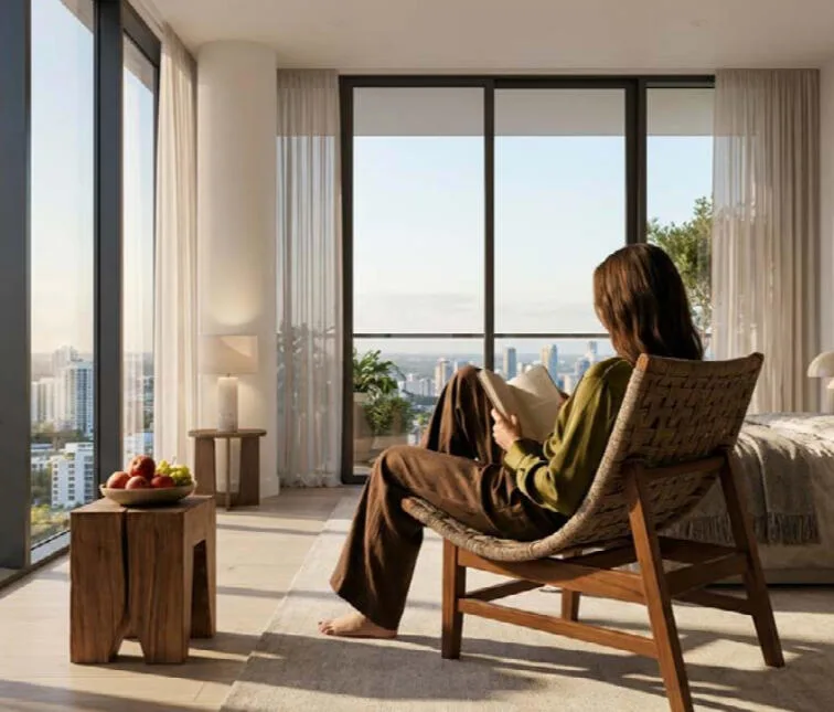 Resident relaxing beside the window of a residence at House of Wellness Brickell