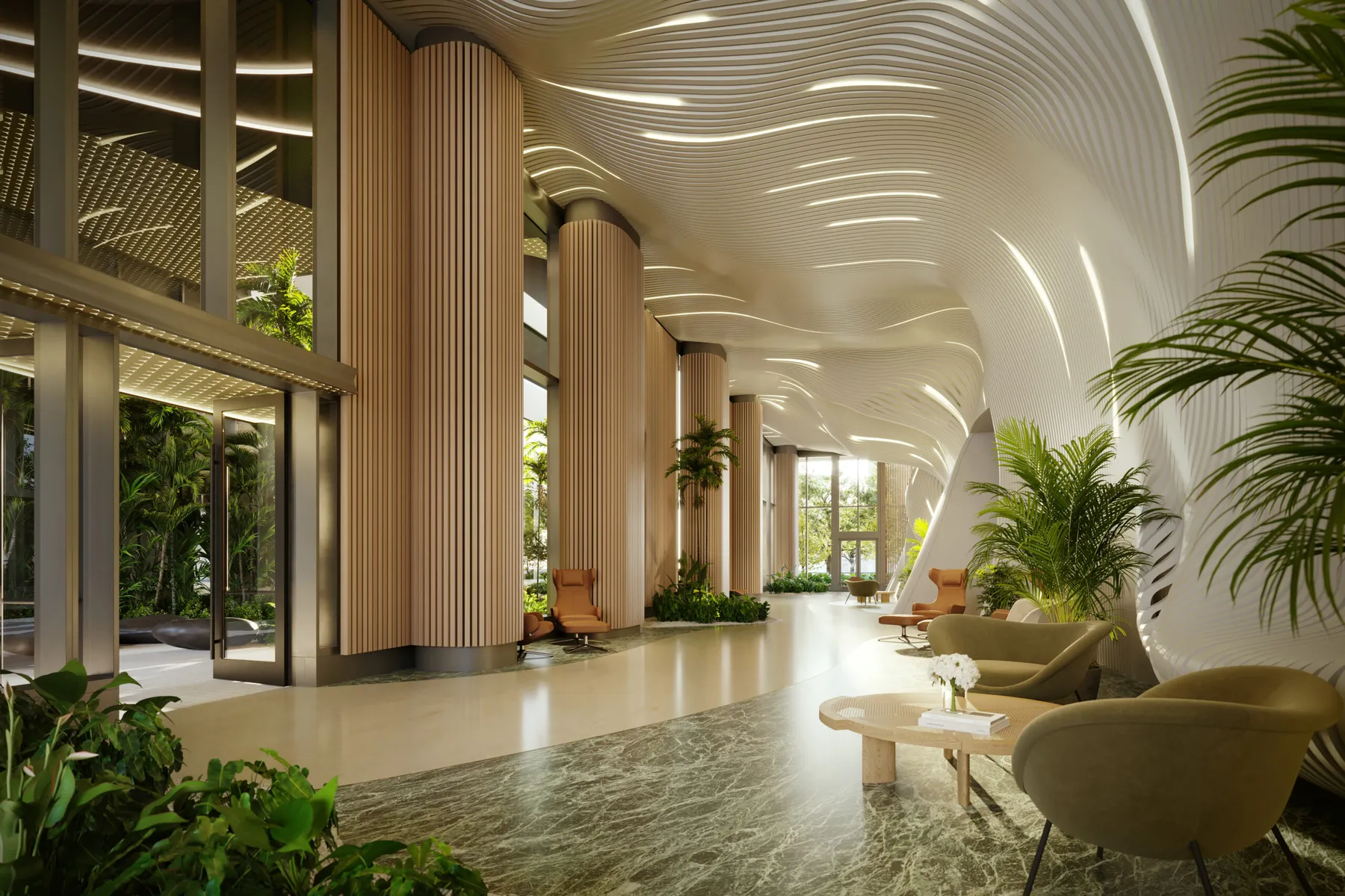 Reception lobby of Mercedes-Benz Places Miami with curved ceiling and warm wood detailing