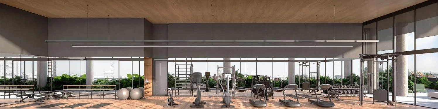 Academia do Oscar 2525 com pé-direito duplo, esteiras, aparelhos de musculação e amplas vidraças voltadas para a paisagem urbana