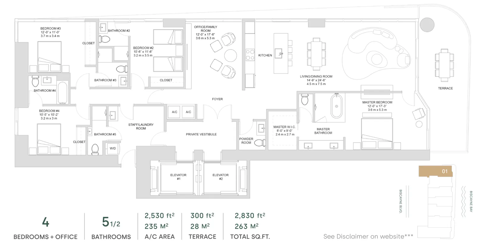 Aria Reserve Miami floor plan — Panoramic Residence with four bedrooms plus office