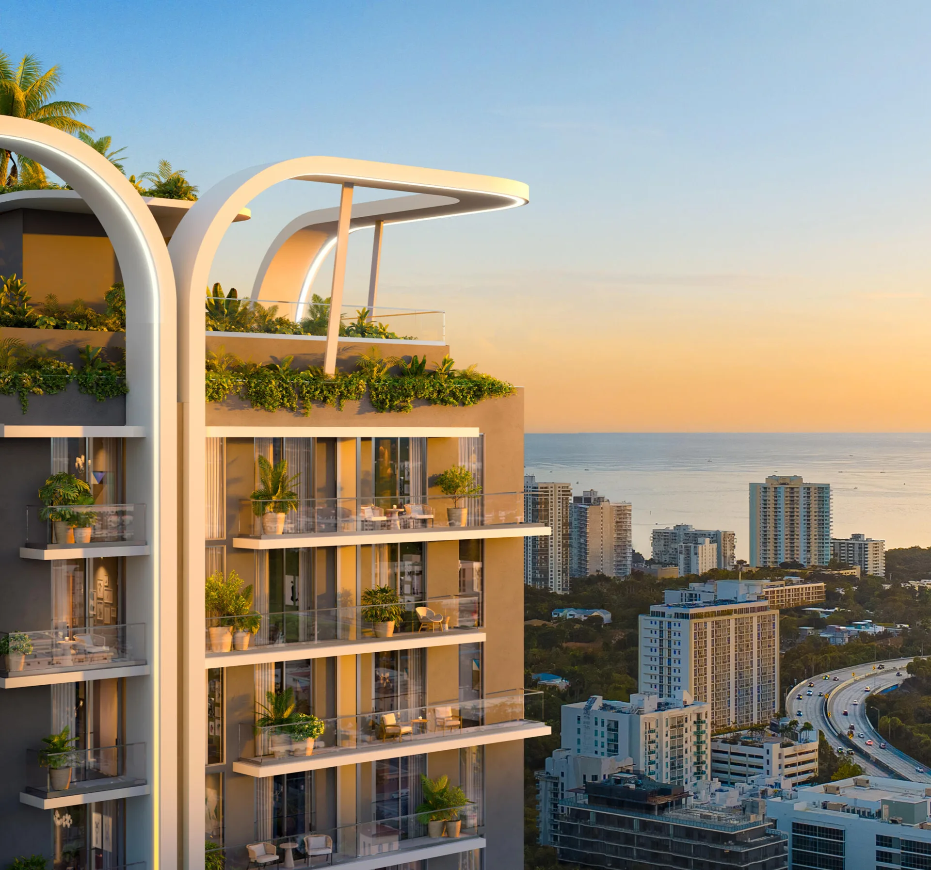 Exterior view of the House of Wellness Brickell tower at sunset in Brickell, Miami