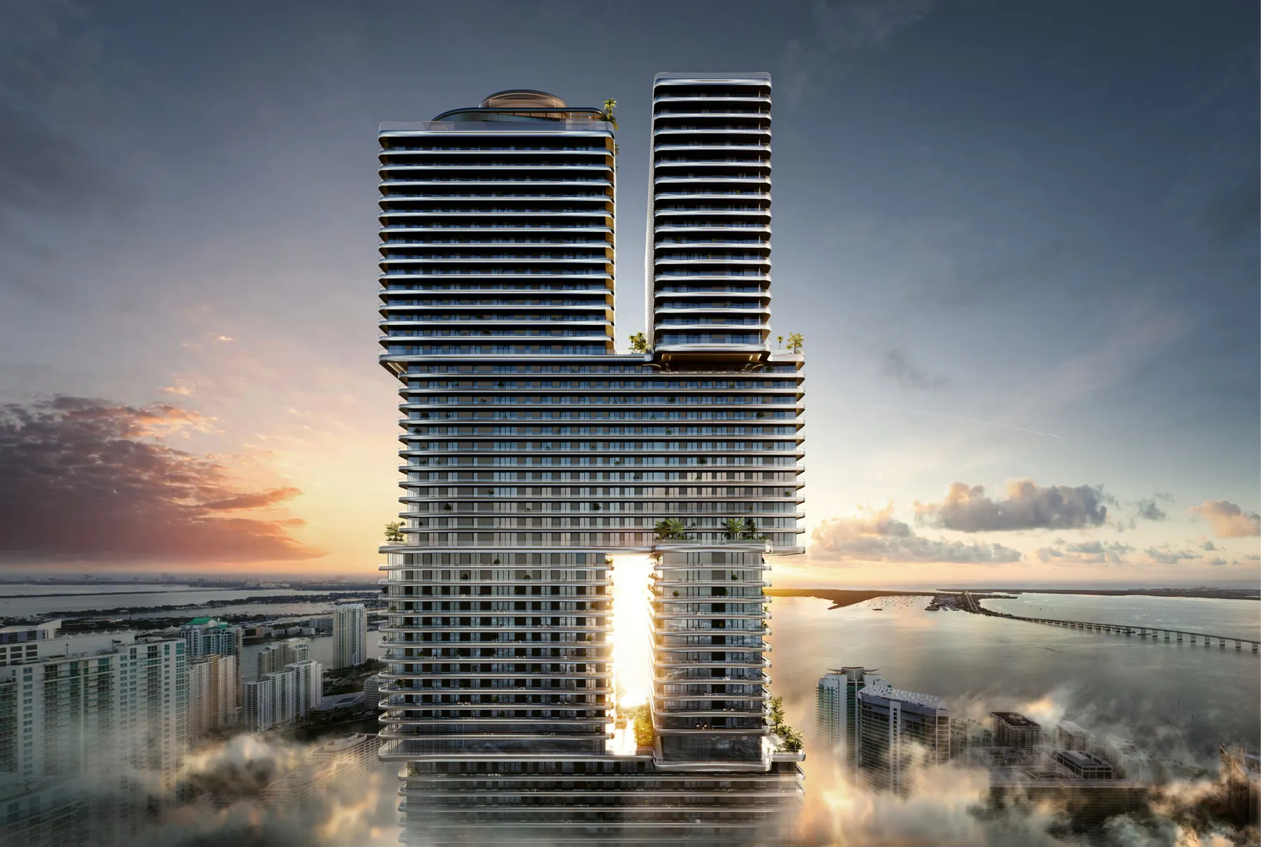Mercedes-Benz Places Miami tower rising over Brickell, Miami, at sunset — artistic rendering