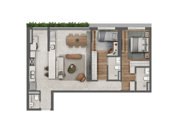 Planta ilustrada de apartamento de 93 m² do Alma Pinheiros com 2 suítes, cozinha em linha e área de serviço independente