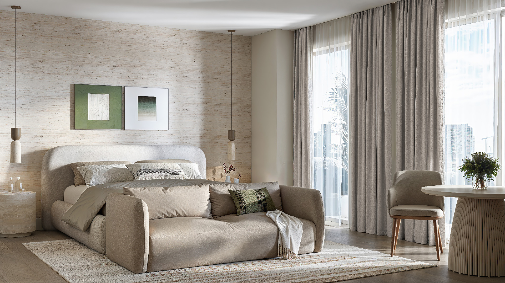 Quarto mobiliado do apartamento de luxo em Miami no Parkside Brickell, na Brickell