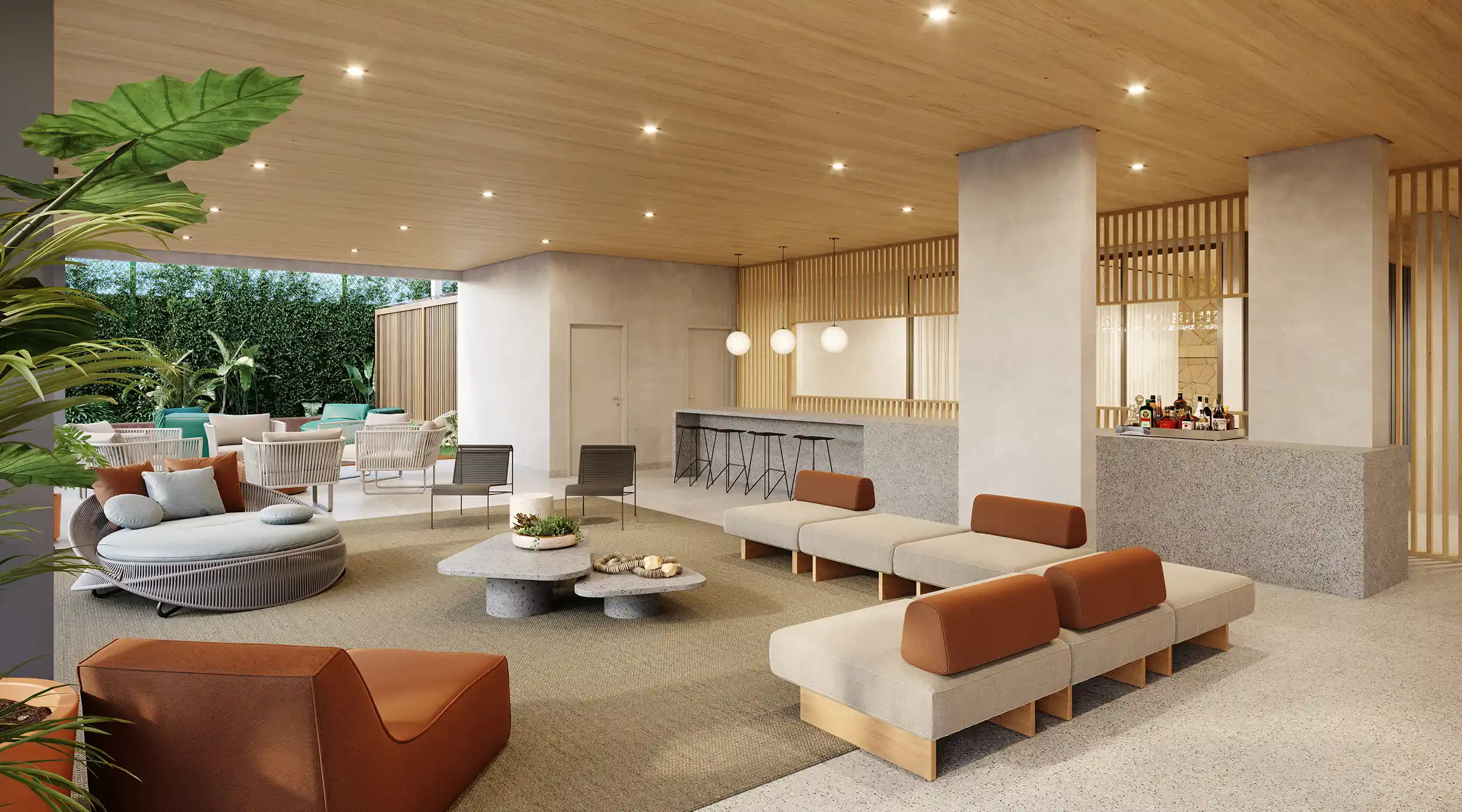 Primeiro lounge da piscina do MAC Pinheiros, com sofás externos, mesas baixas e cobertura junto ao deck