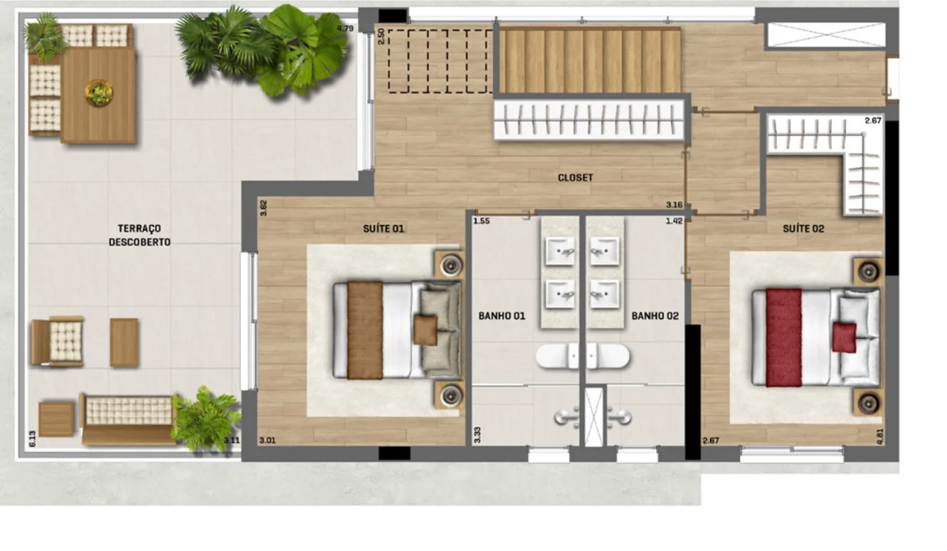 Planta do pavimento inferior do duplex do Blend 468, com área social integrada
