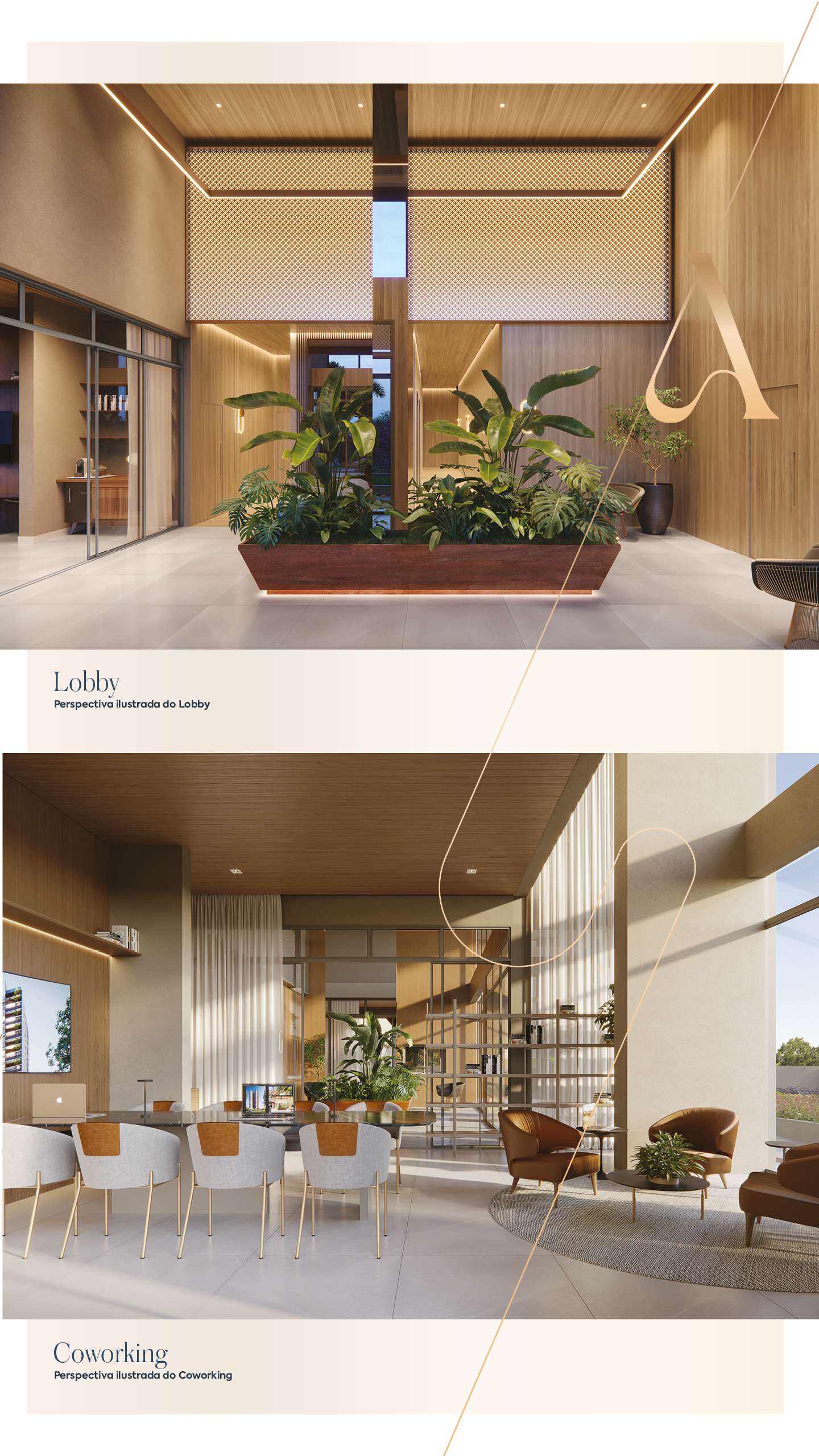 Lobby com pé-direito duplo e espaço coworking do Amáz Alphaville