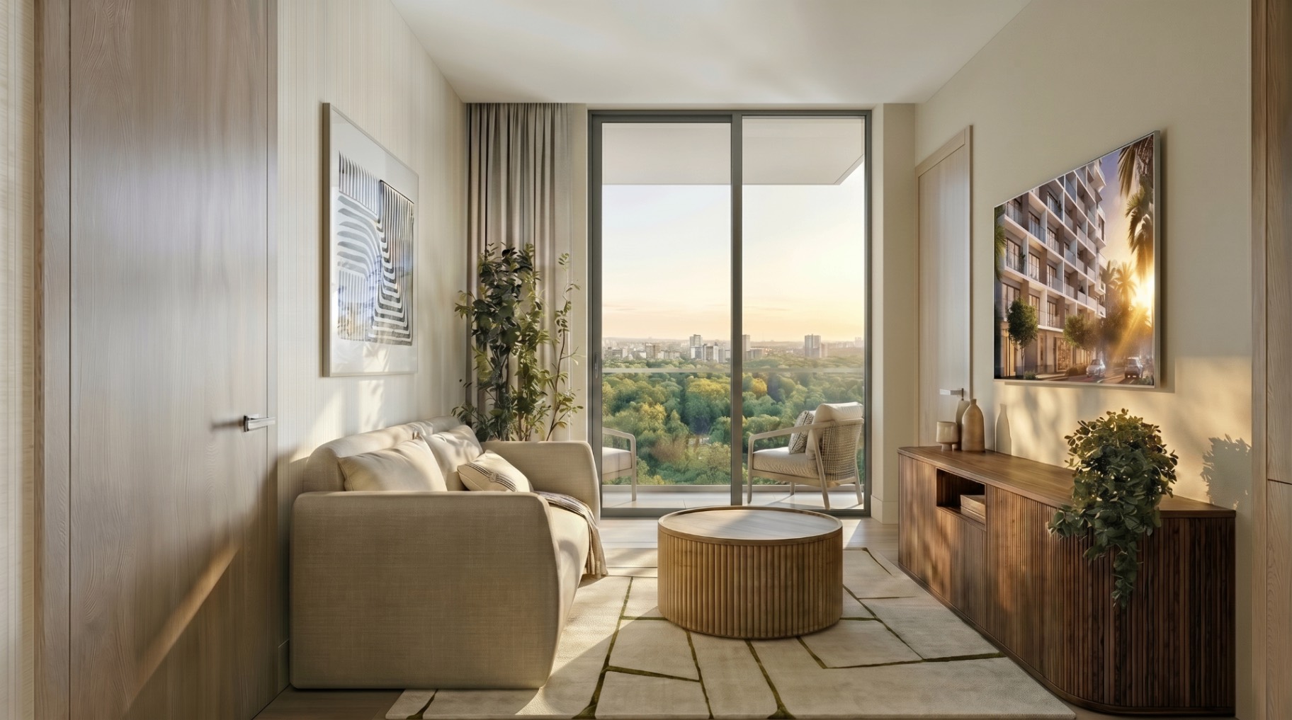 Sala de estar do apartamento de luxo em Miami no Parkside Brickell, totalmente mobiliada