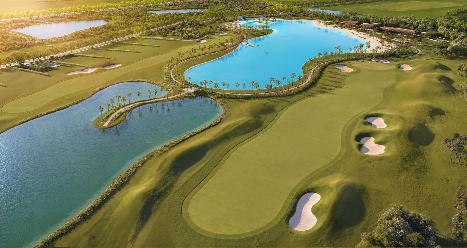 Campo de golfe de 18 buracos contornando as lagoas cristalinas do Heritage Riviera Porto Feliz