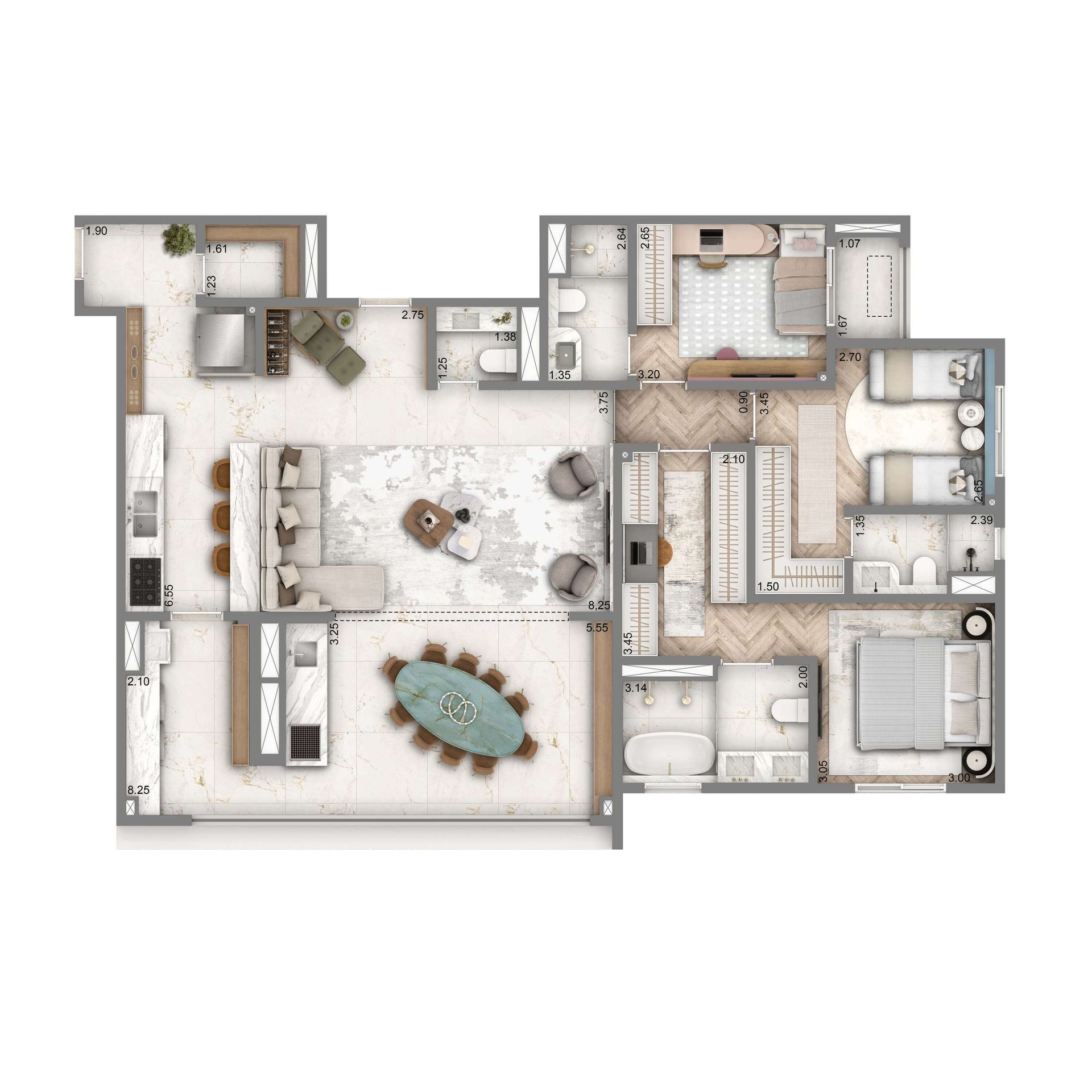 Planta padrão de 140 m² do Wellness Chácara Santo Antônio, com 3 suítes, living ampliado, varanda gourmet e 2 vagas