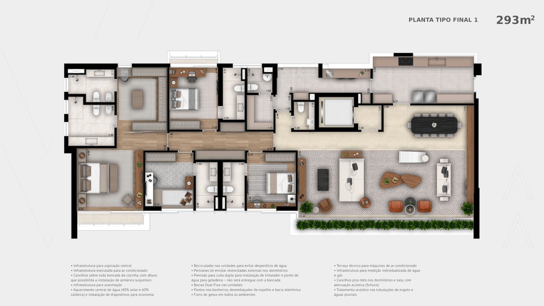 Planta do apartamento de 293 m² do Casa Brasileira Itaim, com suítes, living e área de serviço