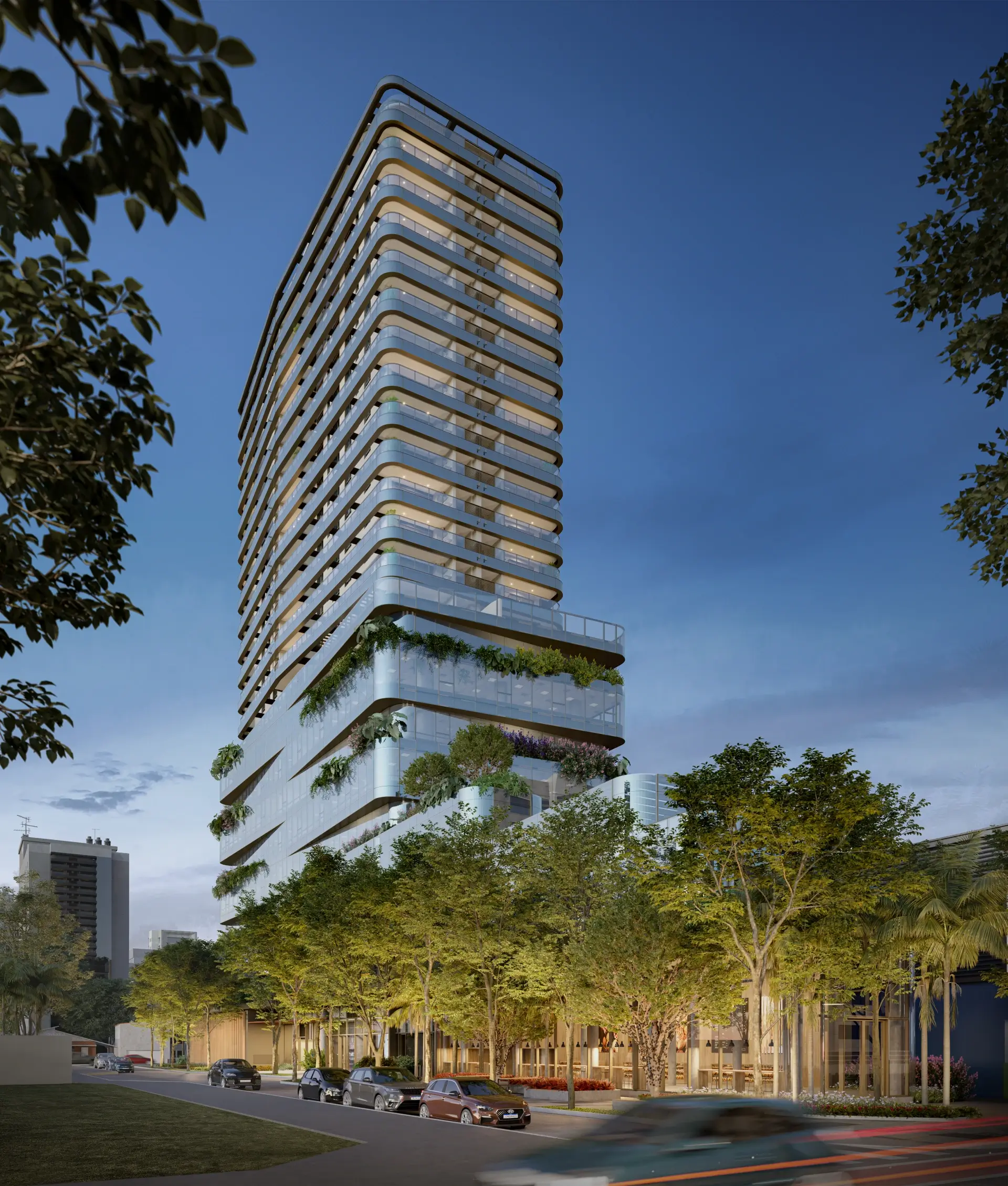 Perspectiva artística da fachada do Bioarq Pinheiros no sentido da Avenida Rebouças, mostrando a torre única com jardins verticais e calçada alargada arborizada