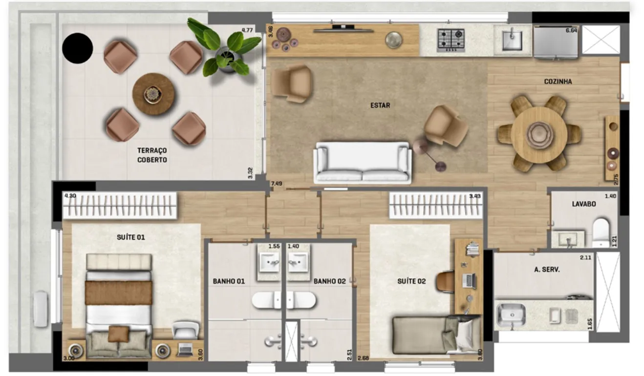 Planta do apartamento tipo de 93 m² do Blend 468, com 2 suítes, living, cozinha e área de serviço