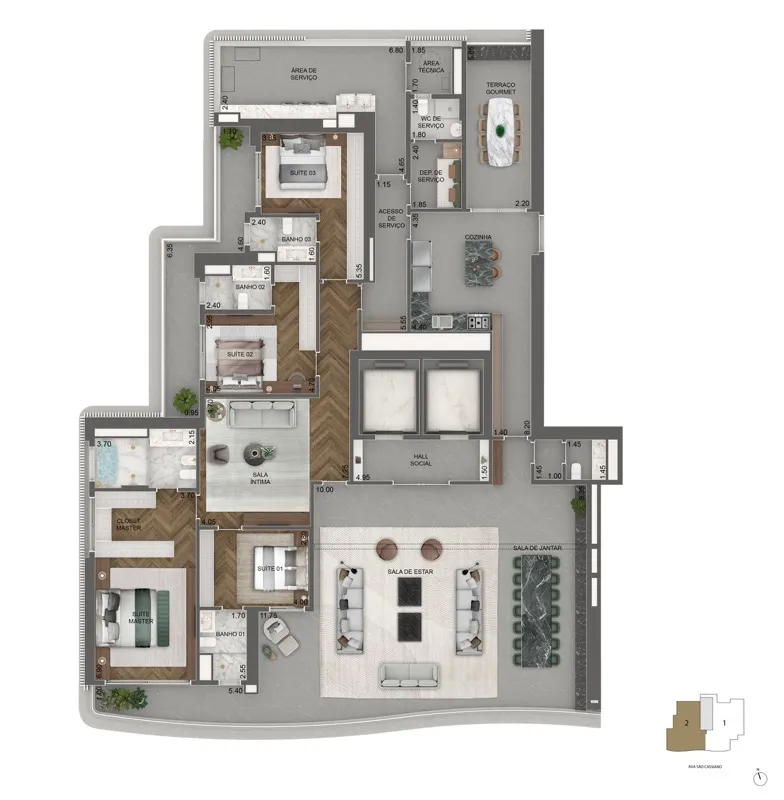 Planta padrão de apartamento de 372 m² do Vista Cyrela by Armani Casa (17º ao 45º pavimento)