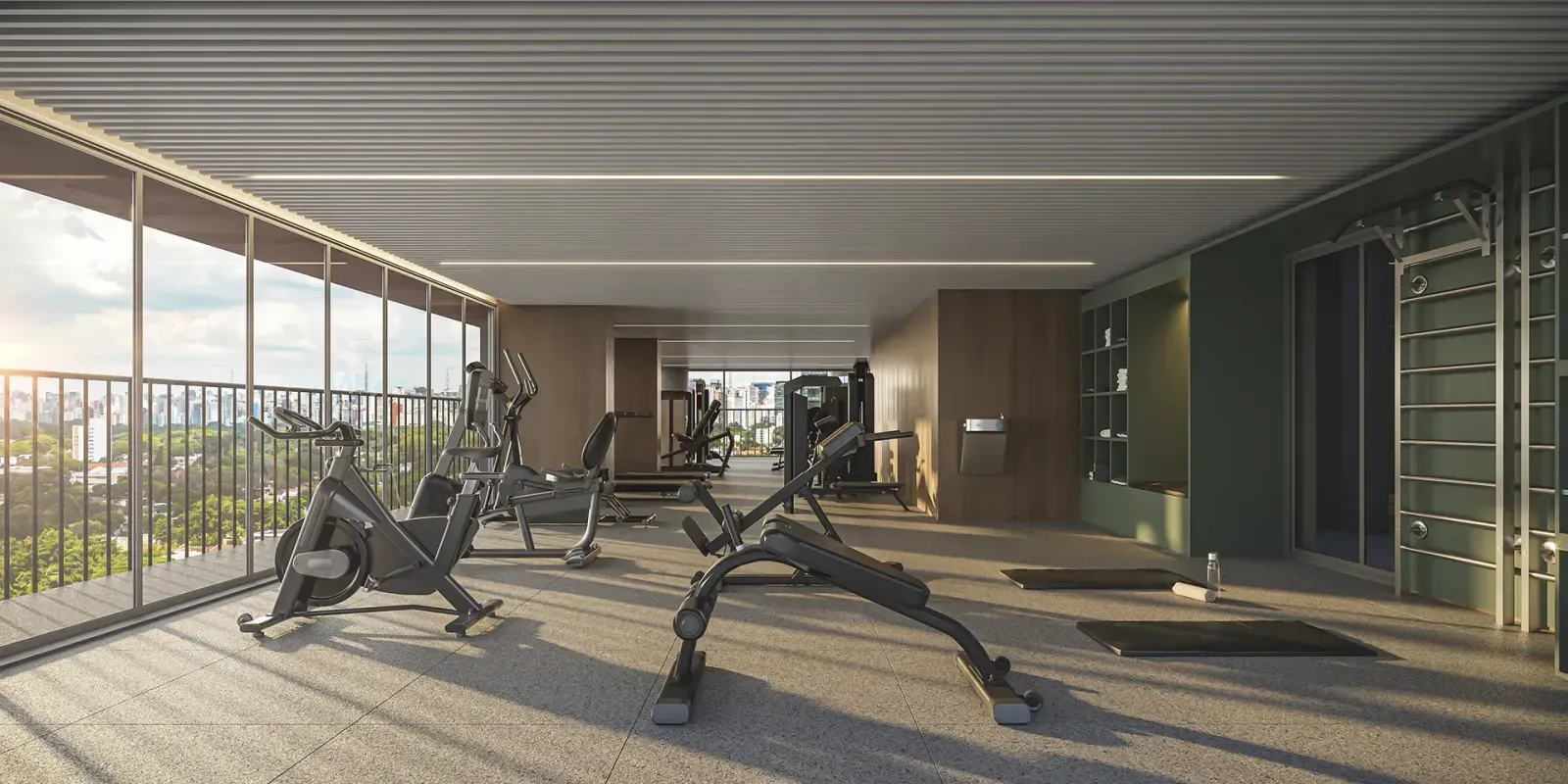Espaço cardio da academia do VISAR Jardim Europa, com esteiras voltadas para a vista