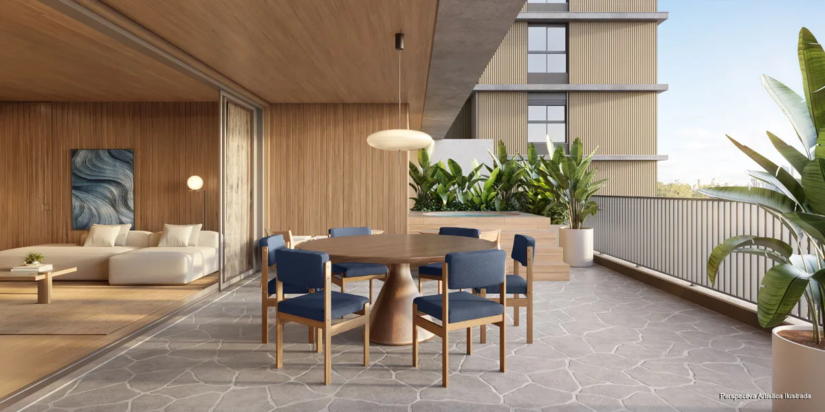 Perspectiva ilustrativa do living ampliado do apartamento garden de 141 m² do 1800 Oscar Pinheiros, com três suítes e área externa privativa