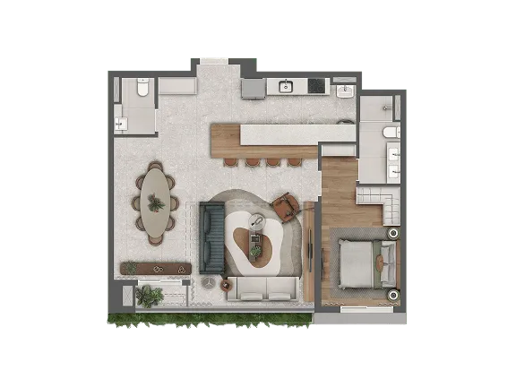 Planta ilustrada de apartamento de 85 m² do Alma Pinheiros na configuração de 1 suíte com living ampliado e sala de jantar integrada