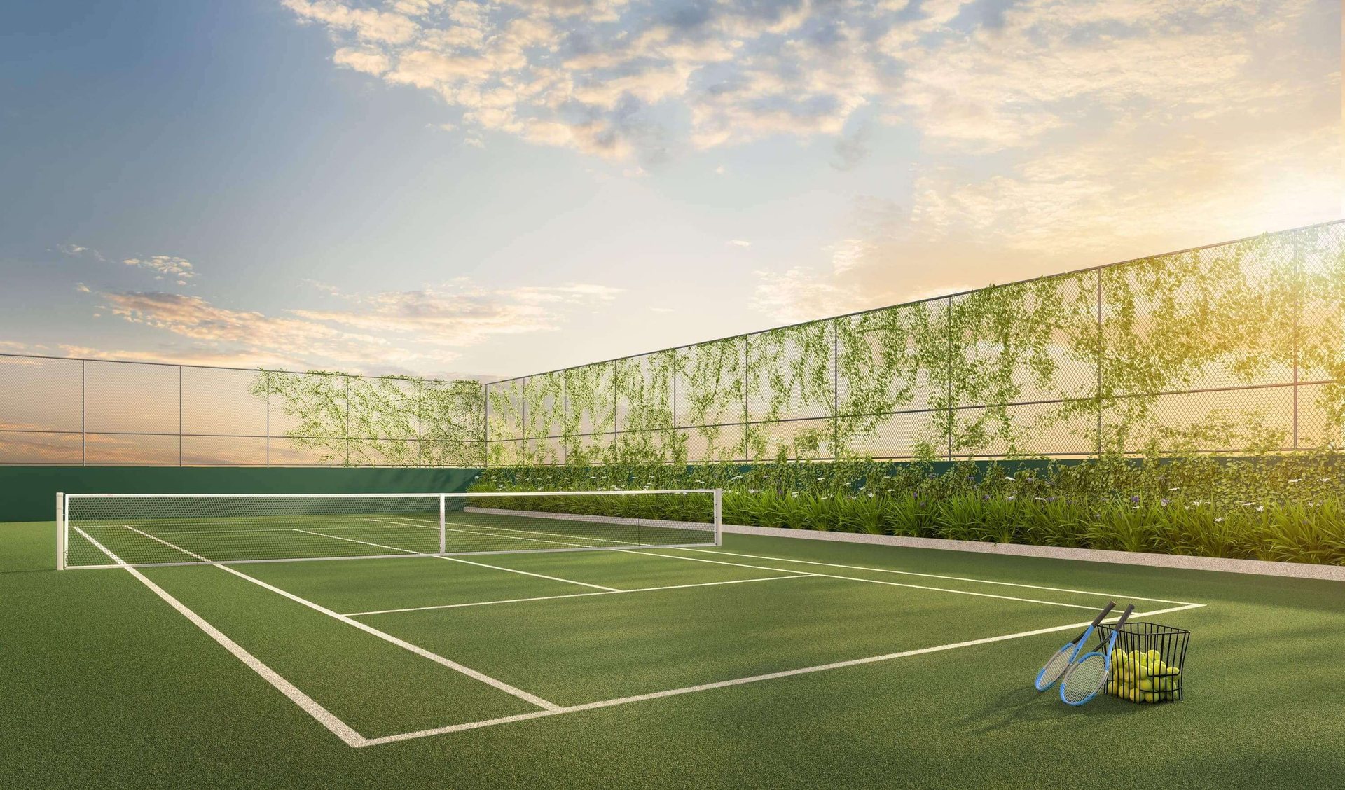The Court do Wellness Chácara Santo Antônio: quadra recreativa em grama sintética ao ar livre, cercada por telas e vegetação