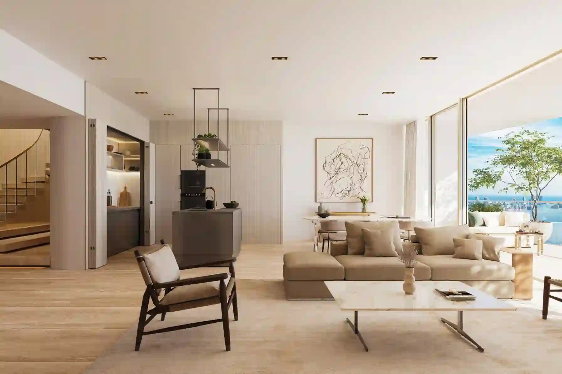 Living room of a residence at 1428 Brickell with floor-to-ceiling windows over Biscayne Bay