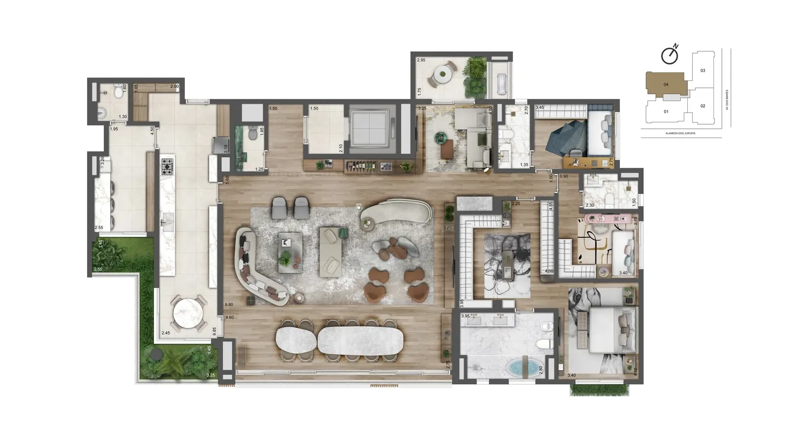Planta de 269,50 m² com 3 suítes, closet e cozinha ampliados do Cyrela Moema by YOO
