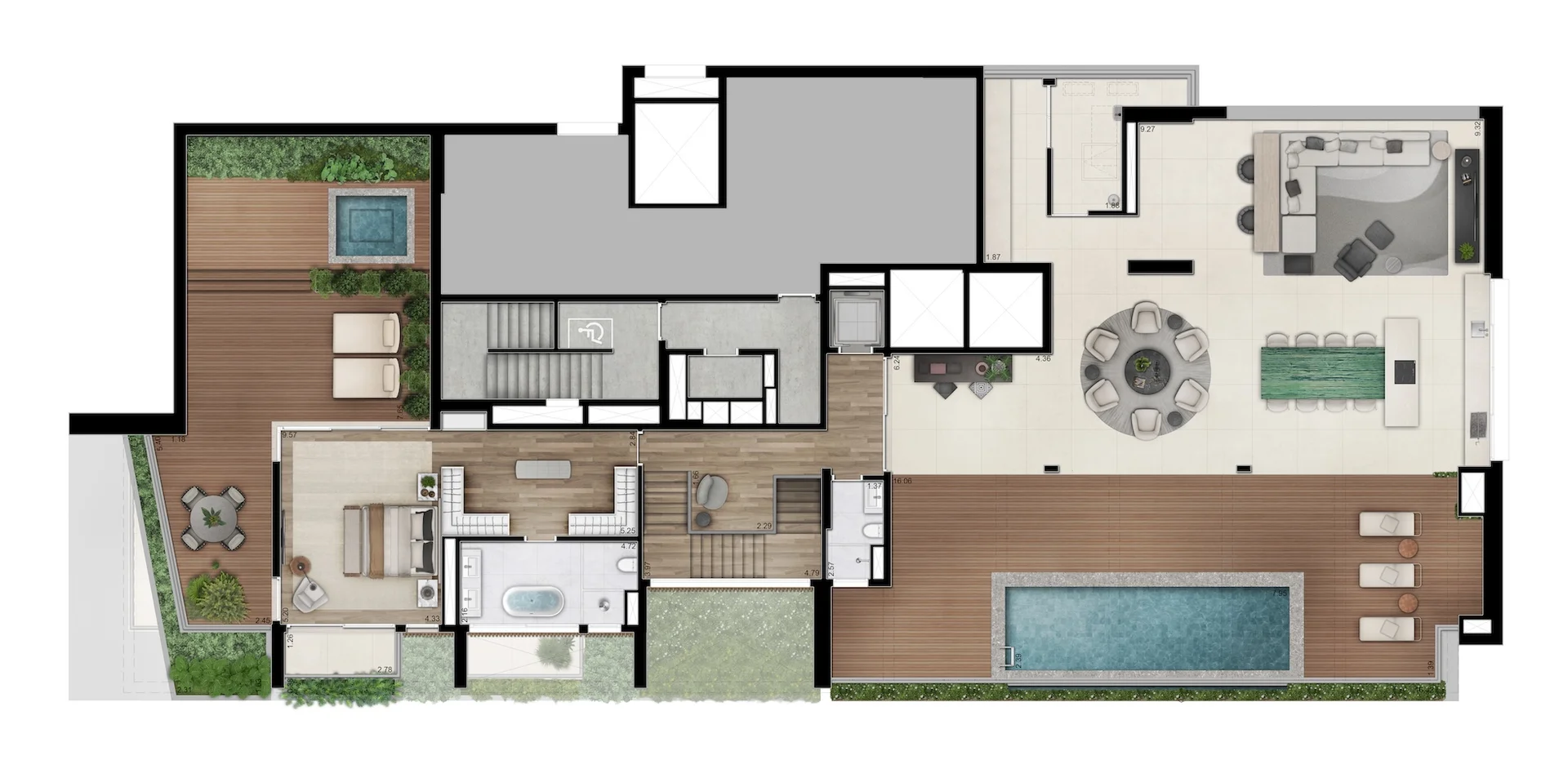 Planta da cobertura duplex de 923 m², pavimento superior, do Bueno Brandão 257