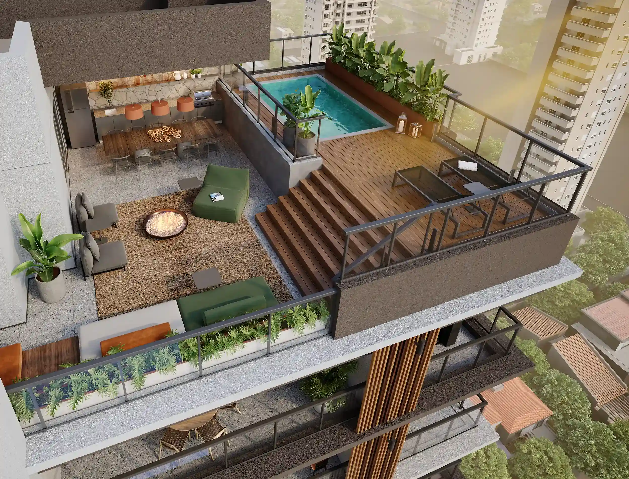 Terraço de penthouse do MAC Pinheiros no 21º pavimento, com deck, mobiliário externo e vista aberta da Zona Oeste de São Paulo