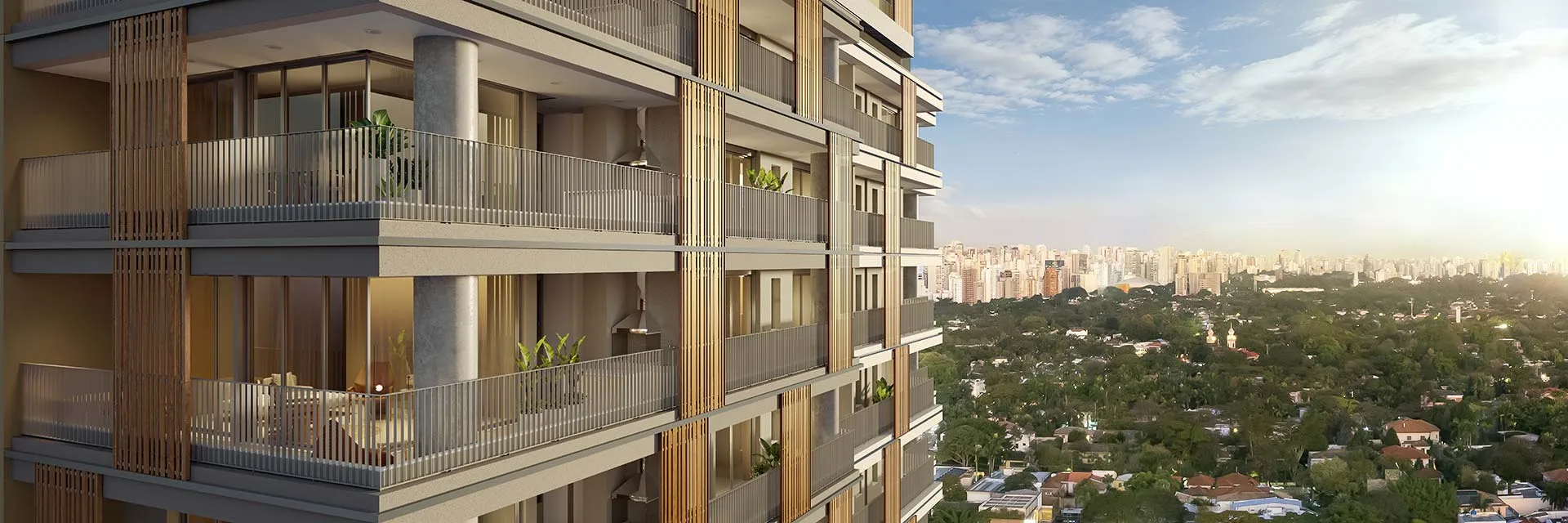 Perspectiva ilustrativa em detalhe da fachada do Platz450, com destaque para os caixilhos amplos, a proteção térmico-acústica e as varandas niveladas com a sala