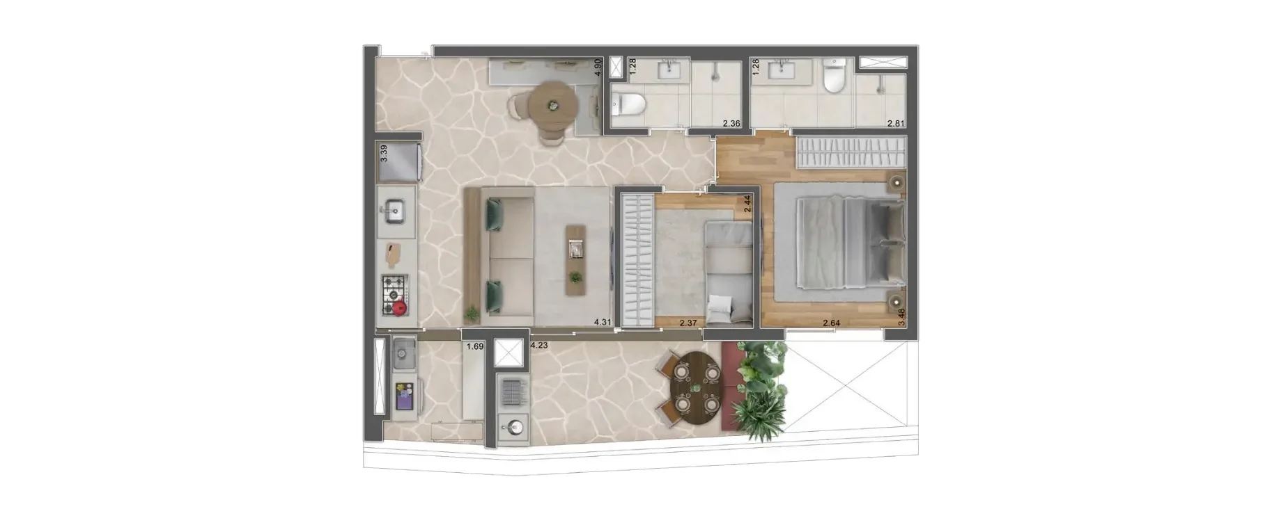 Planta oficial da tipologia B do Bioarq Pinheiros: apartamento de 67 m² com 2 dormitórios, sendo 1 suíte, cozinha integrada e 1 vaga