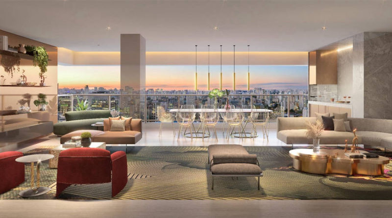 Perspectiva ilustrada do living da unidade de 174 m² do Oscar Freire 1560