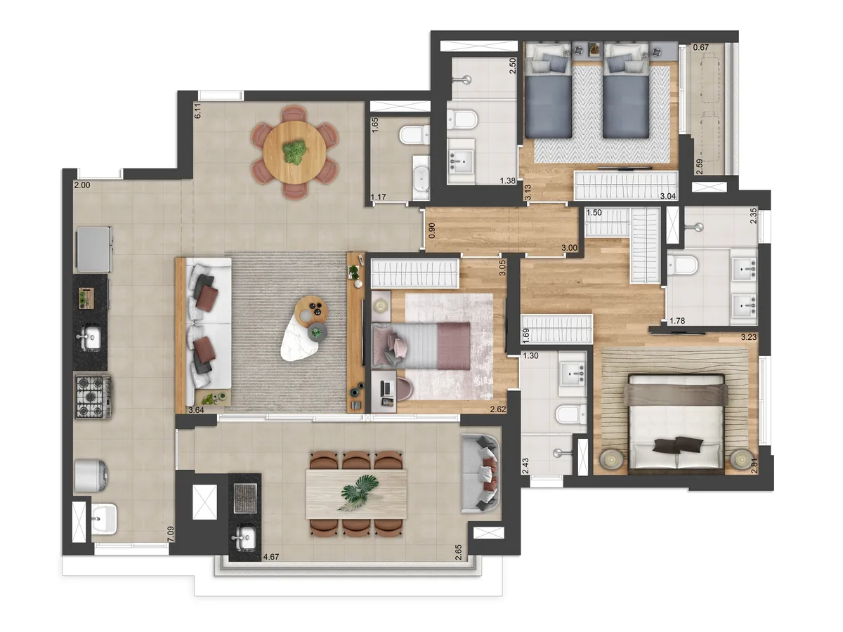 Planta do apartamento de 123 m² com 3 suítes do Andrômeda by MPD