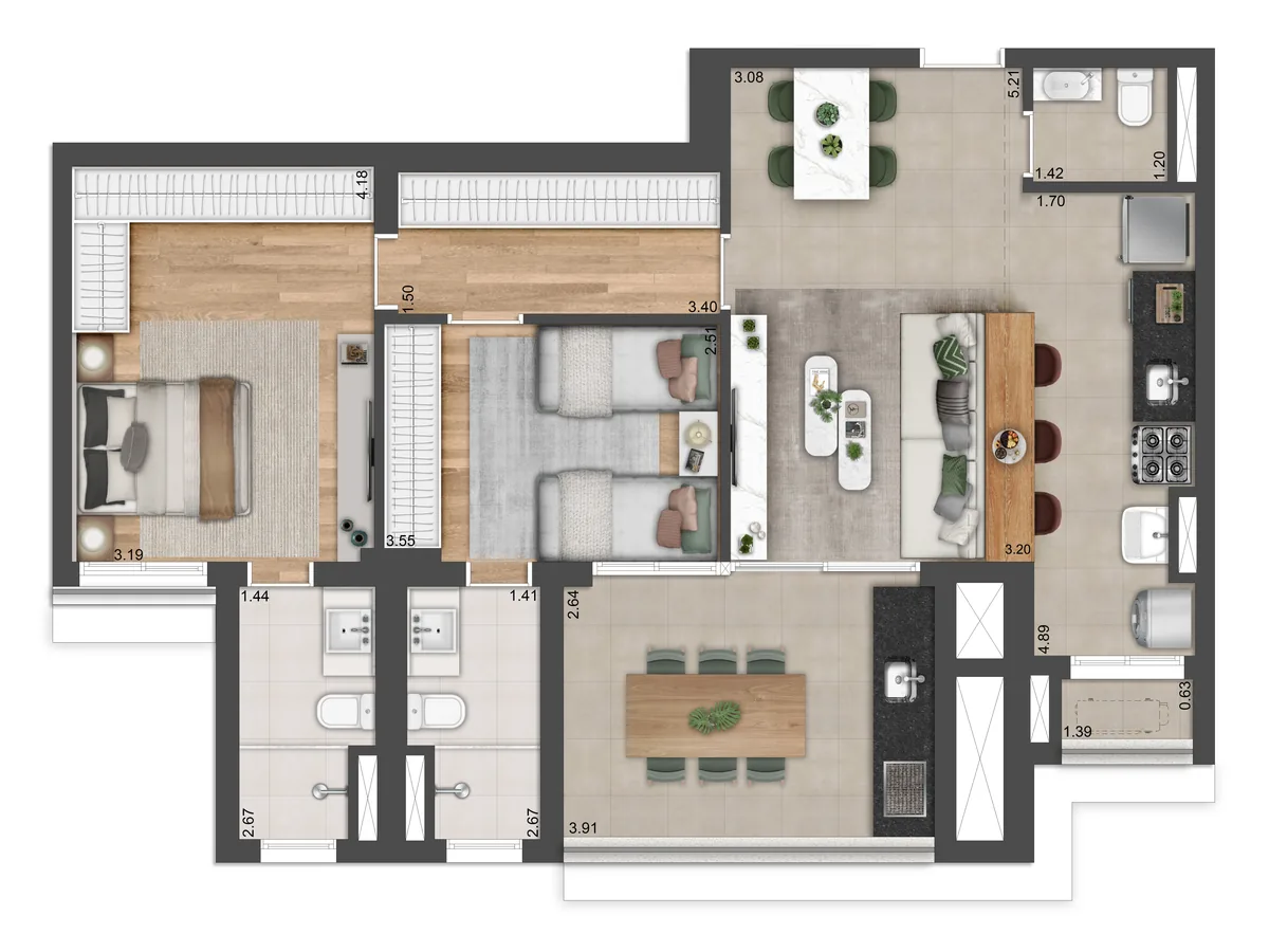 Planta do apartamento de 90 m² com 2 suítes do Andrômeda by MPD