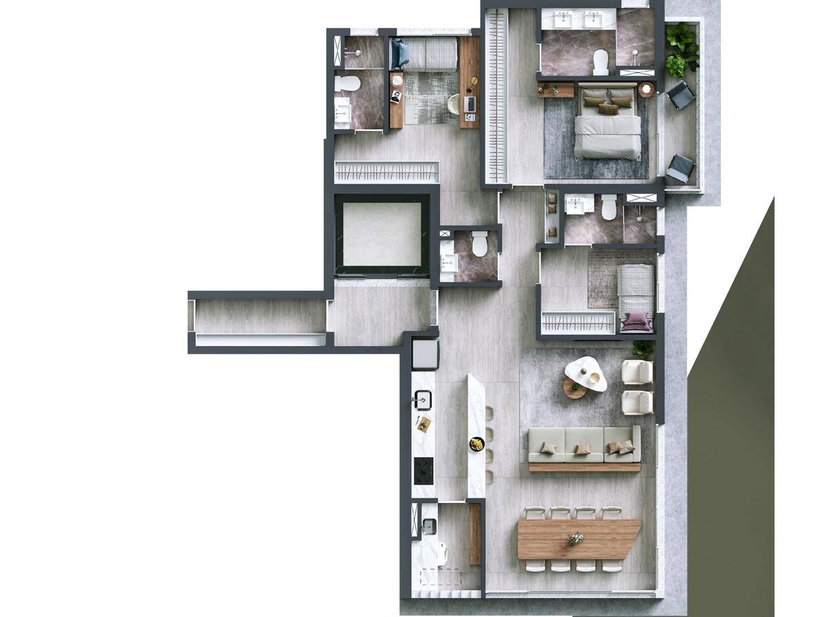 Planta do apartamento de 118 m² com 3 suítes e elevador privativo do Bosque Alphagran
