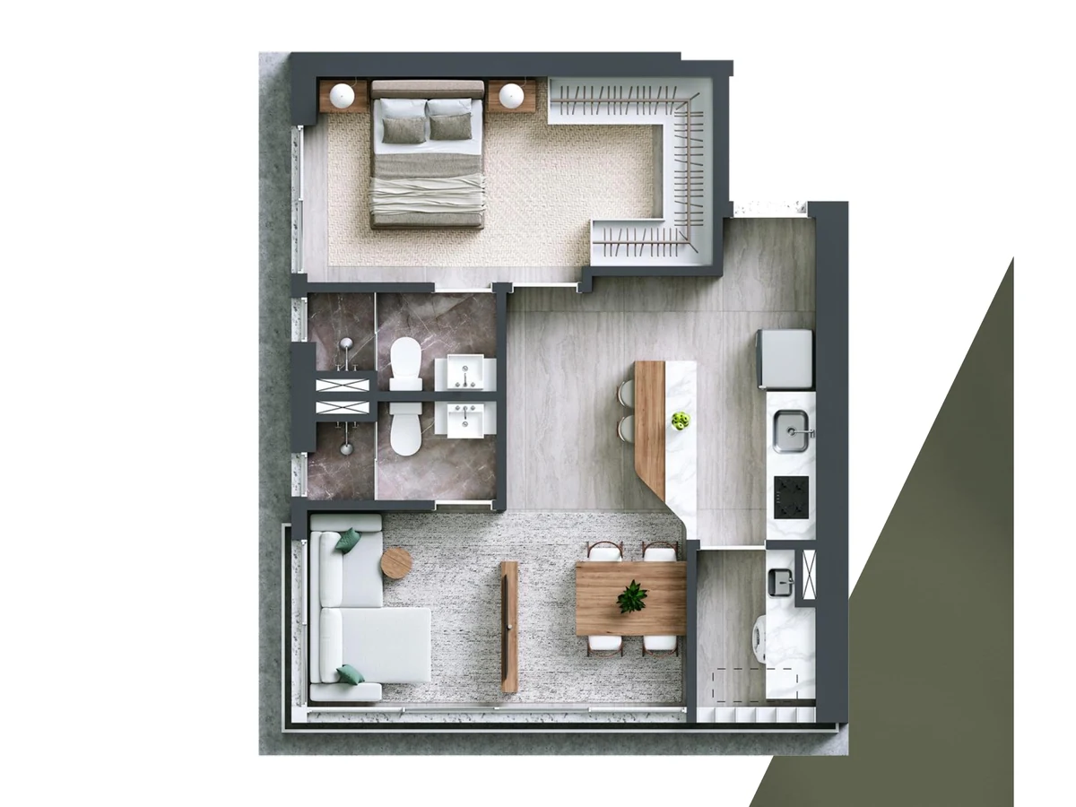 Planta do apartamento de 52 m² com 1 suíte do Bosque Alphagran