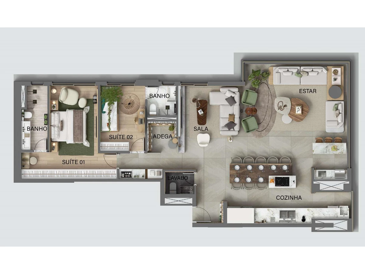 Planta ampliada de 130,30 m² com 2 suítes e living ampliado do Kaá Home Boutique